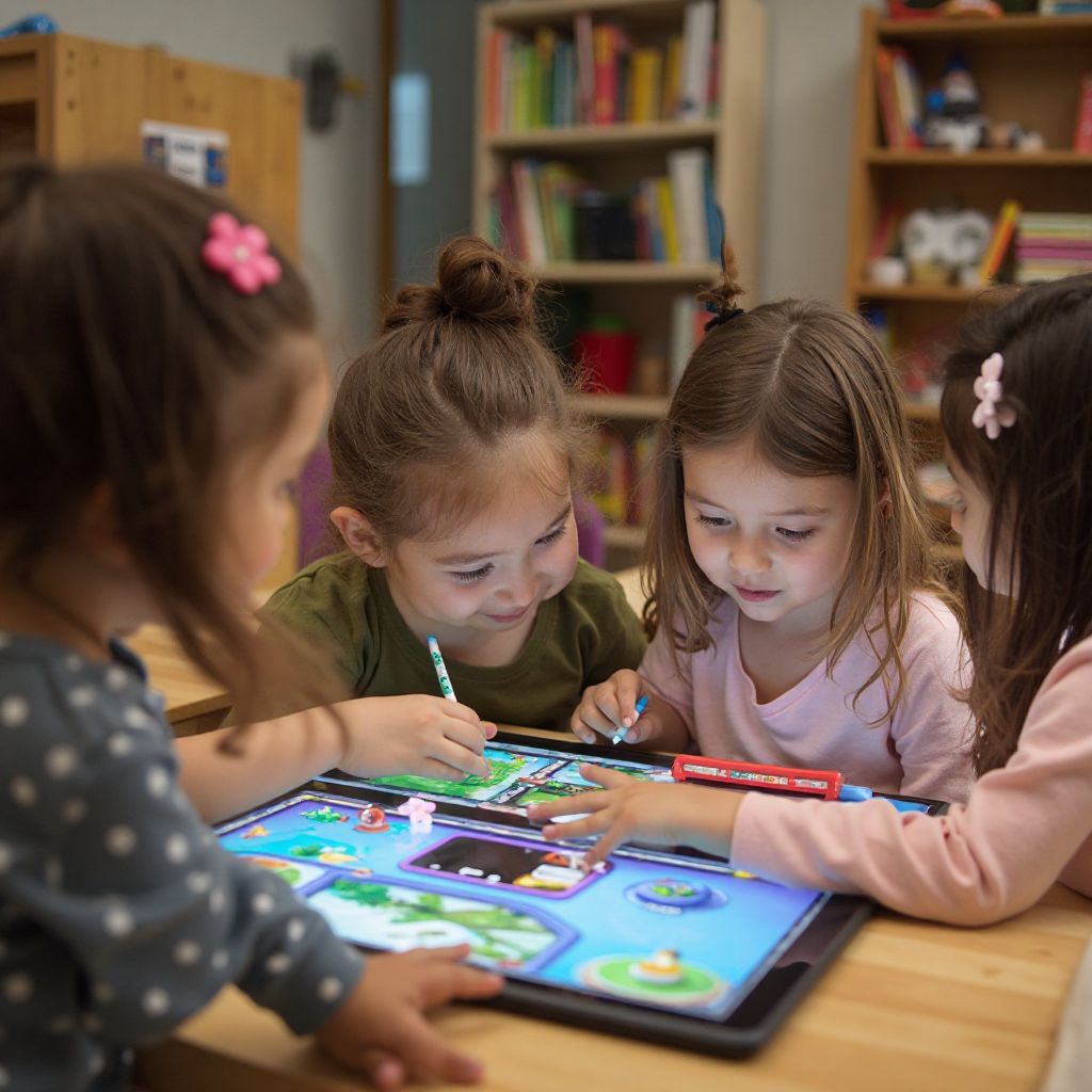 Children playing educational games on tablets